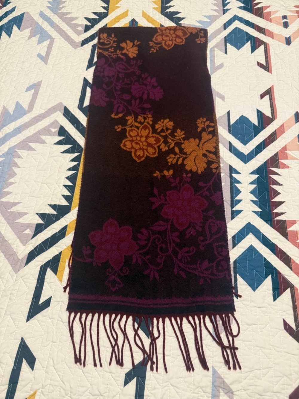 Floral Jacquard Fringe Scarf in Plum and Mustard